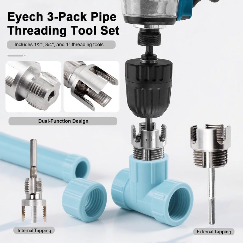 Eyech 3Pcs PVC Pipe Threader Kit 1/2" 3/4" 1" NPT, Integrated Internal & External Pipe Threading Cutting Tool, Dual-Function Electric Drill Compatible PVC Pipe Threader Kit - Image 4